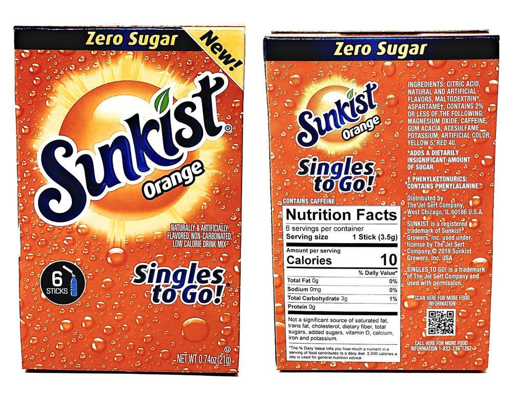 Sunkist single packet close-up beside spilled powder, easy single-serve use