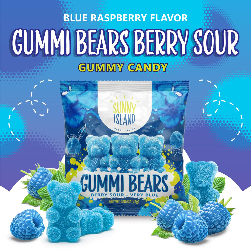 SUNNY ISLAND scattered blue jelly bears on white background, vibrant color pop