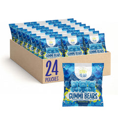 SUNNY ISLAND front packaging showing 24 mini blue sour bears packs, easy sharing