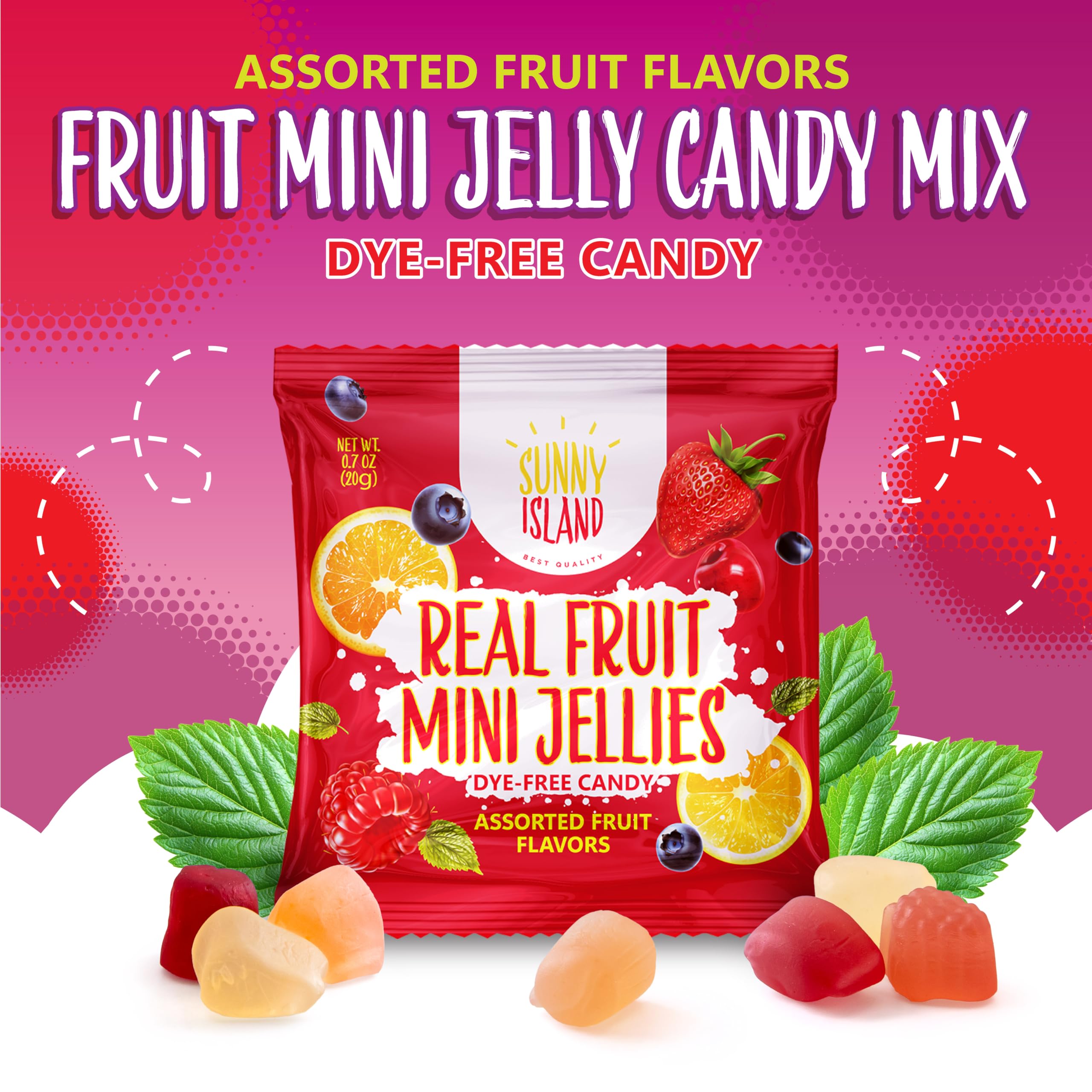 SUNNY ISLAND open pouch spilling mini jelly candies to show portion size and freshness