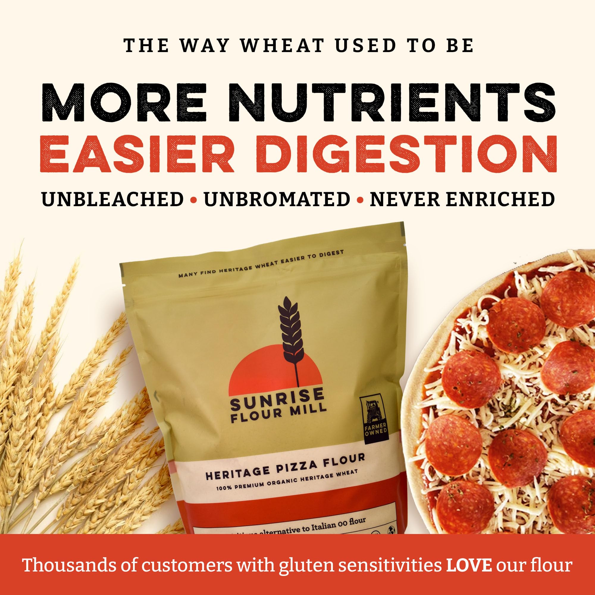 Sunrise Flour Mill baked pizza slice with chewy crust demonstrating great oven performance