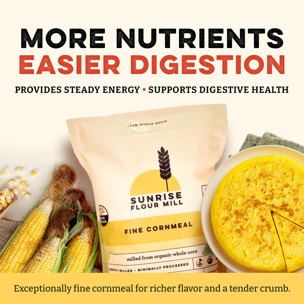 Pouring Sunrise Flour Mill cornmeal into batter to create tender muffins and pancakes