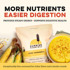 Pouring Sunrise Flour Mill cornmeal into batter to create tender muffins and pancakes