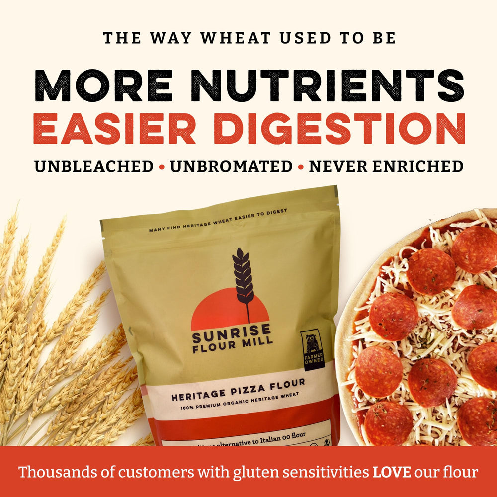 Sunrise Flour Mill baked pizza crust with crisp blistering demonstrating oven performance