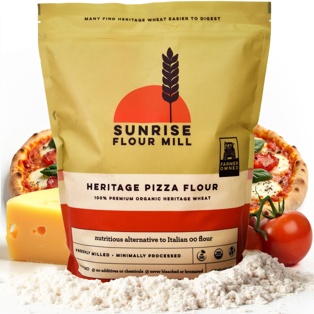 Sunrise Flour Mill front package showing organic 5 lb bag and clear branding benefit
