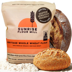 Sunrise Flour Mill front package showing organic labeling and benefit of freshness