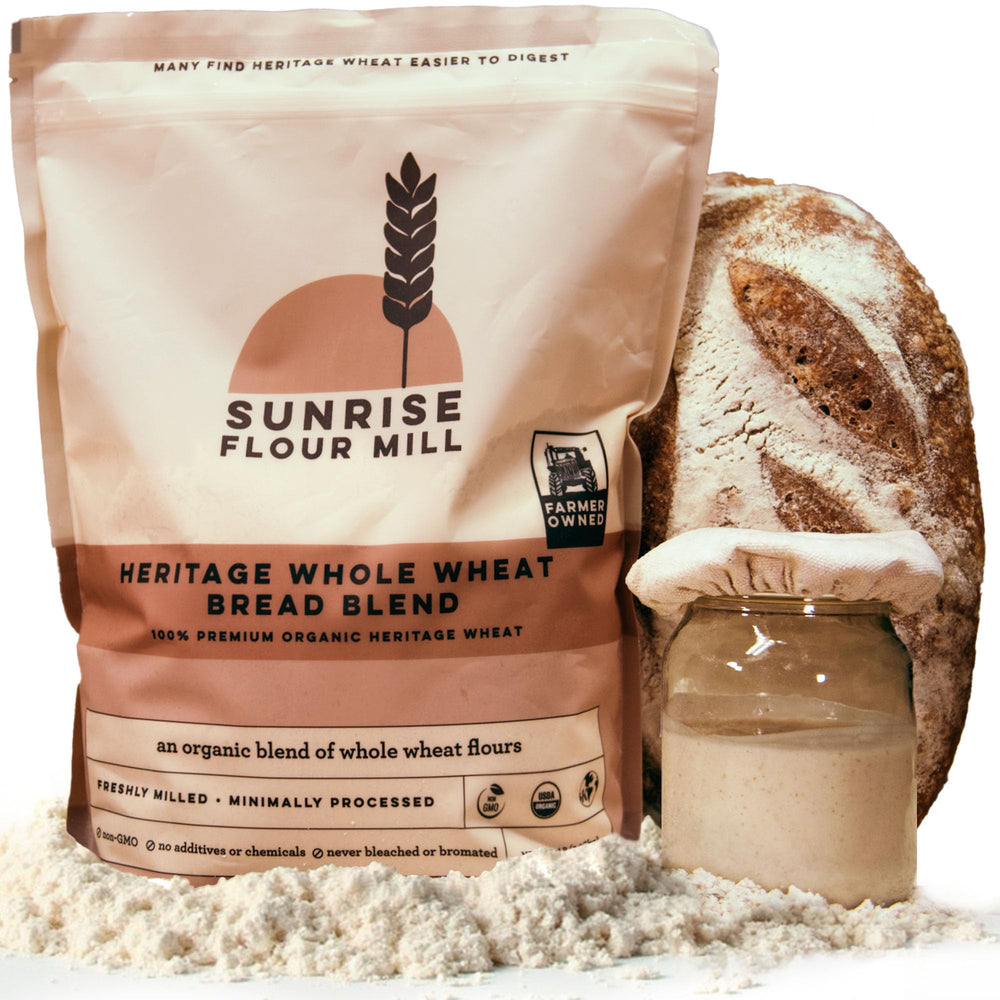Sunrise Flour Mill front packaging 5 lb showing organic label and benefits