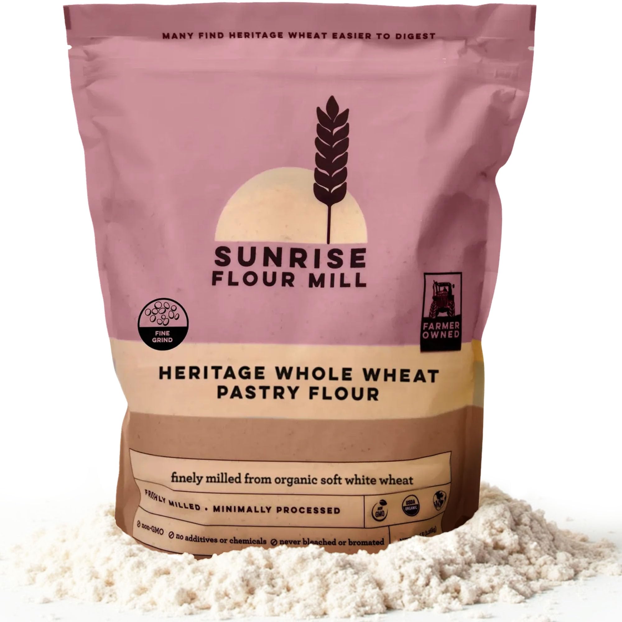 Sunrise Flour Mill front packaging showing 5 lb bag and heritage branding, clear benefit