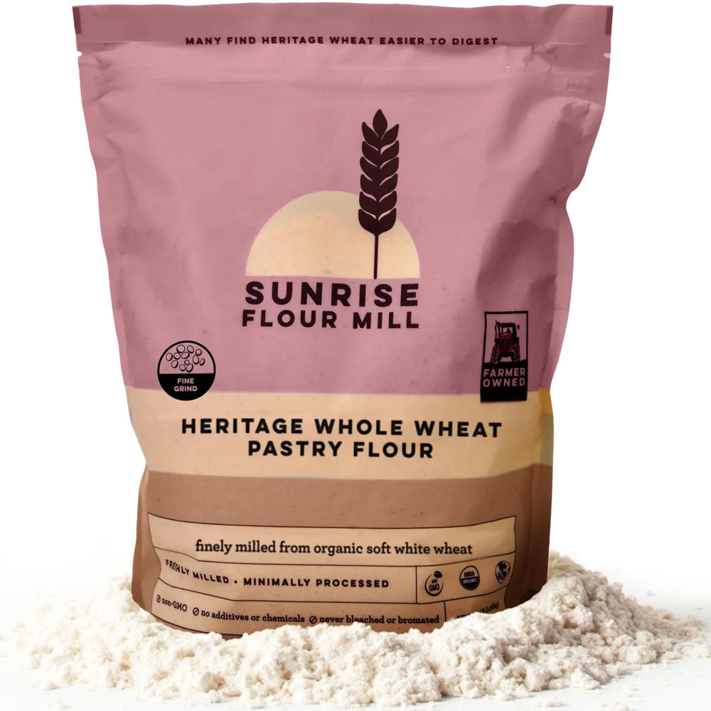 Sunrise Flour Mill front packaging showing 5 lb bag and heritage branding, clear benefit