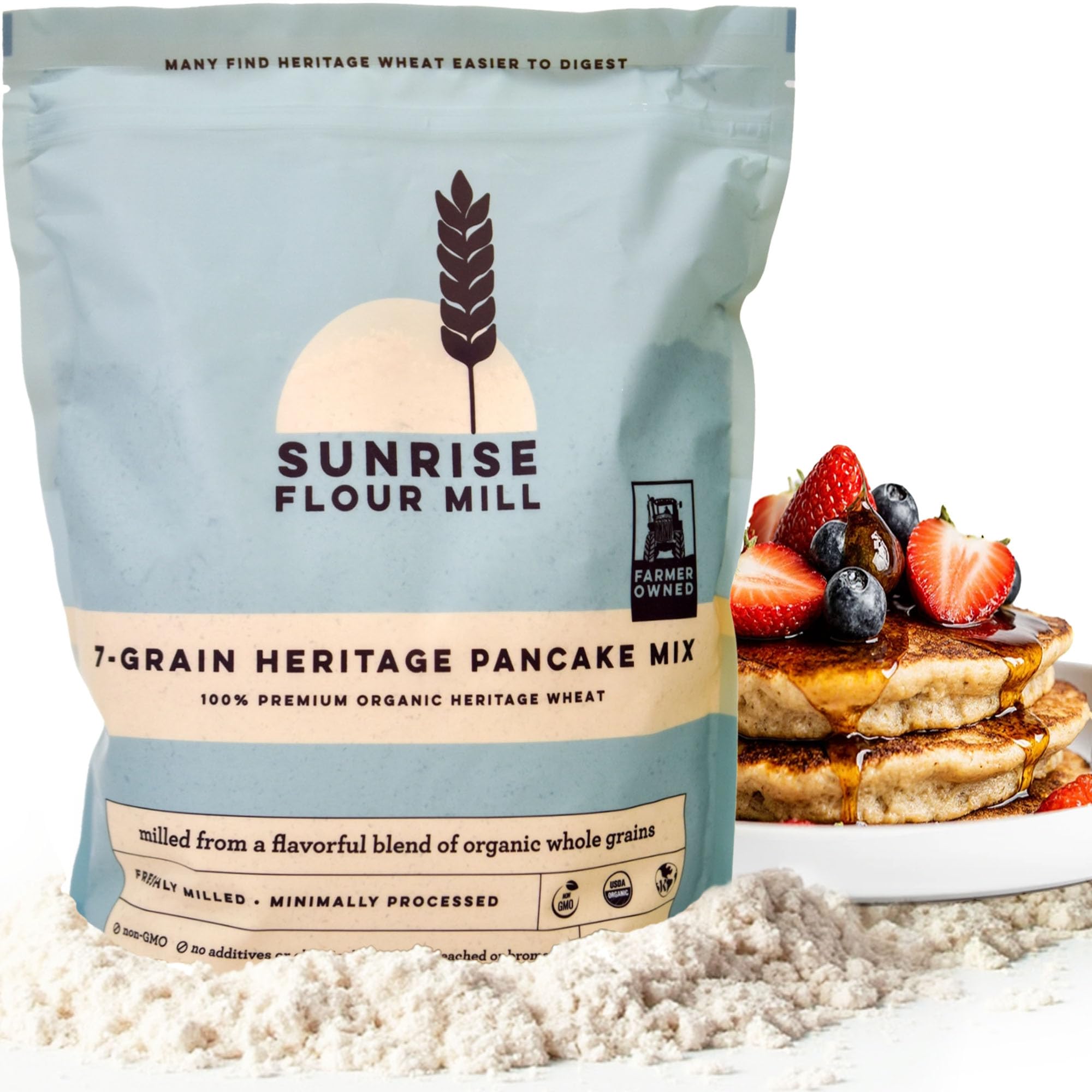 Sunrise Flour Mill front packaging showing organic 7-grain mix and clear labeling benefit