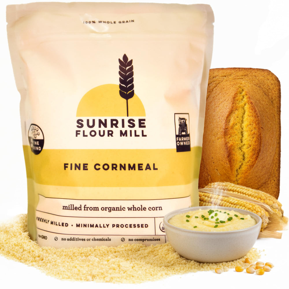 Sunrise Flour Mill front packaging showing 2 lb organic fine yellow cornmeal convenience