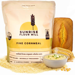 Sunrise Flour Mill front packaging showing 2 lb organic fine yellow cornmeal convenience