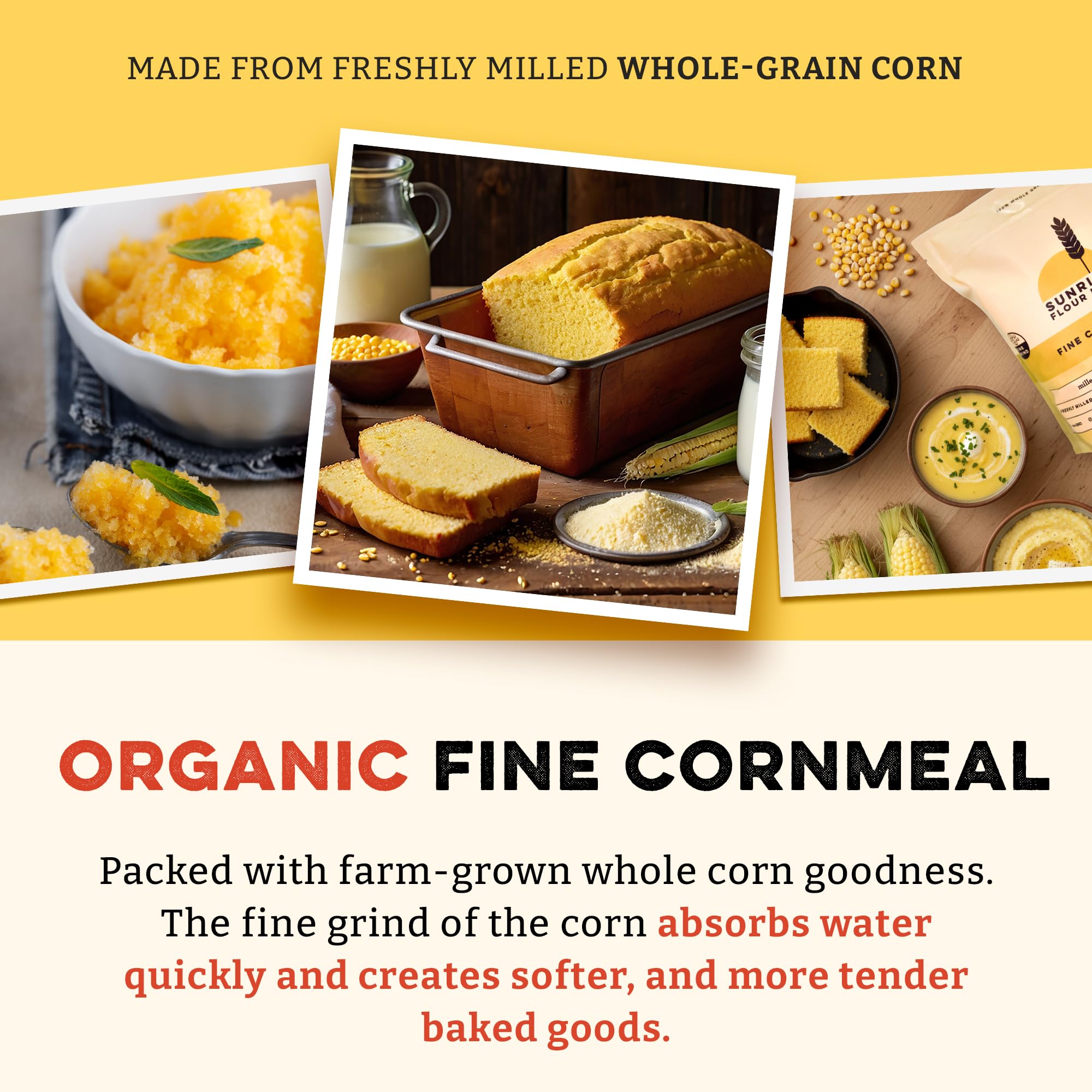 Measuring scoop of Sunrise Flour Mill cornmeal on scale for accurate recipe proportions