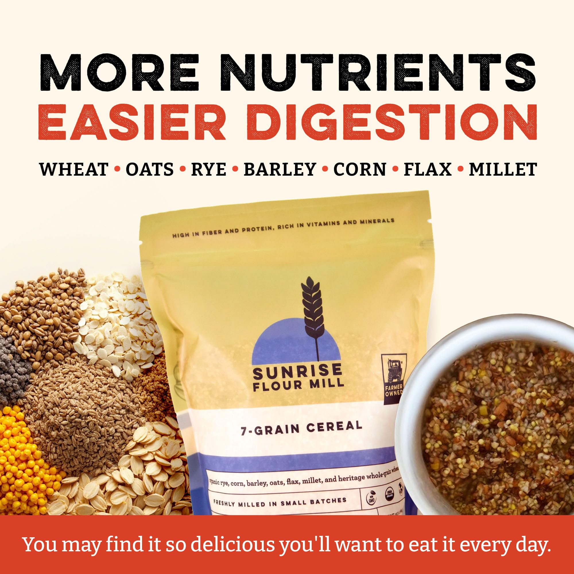 Sunrise Flour Mill served with fruit and nuts demonstrating customization and added nutrition benefit