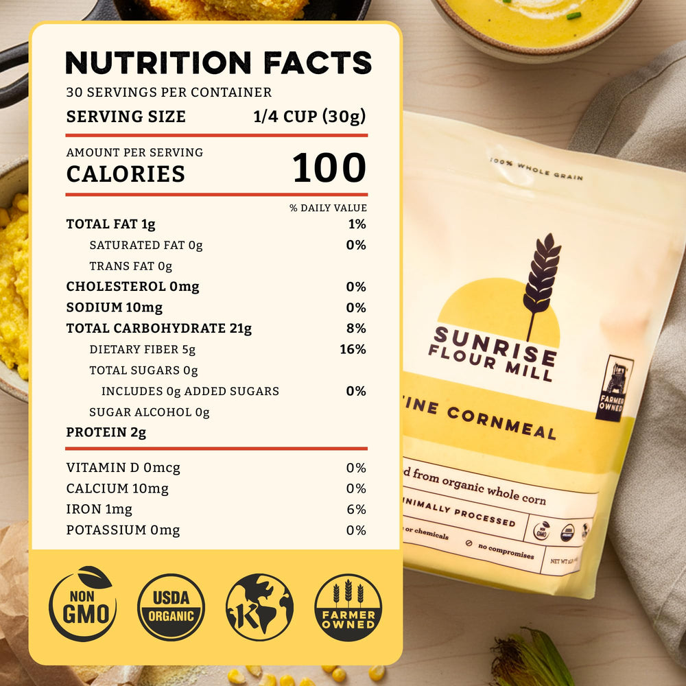 Close-up of fine cornmeal texture from Sunrise Flour Mill for smooth baking results
