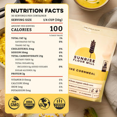 Close-up of fine cornmeal texture from Sunrise Flour Mill for smooth baking results