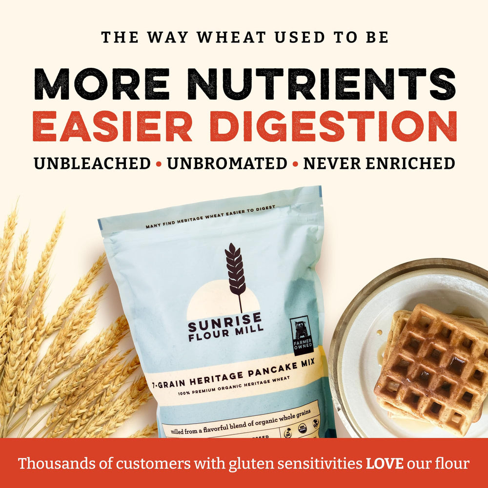 Sunrise Flour Mill waffle topped with fruit illustrating crisp exterior and tender interior
