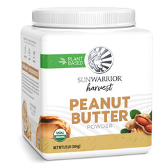 Sunwarrior peanut butter powder front packaging showing brand and organic label for pantry convenience