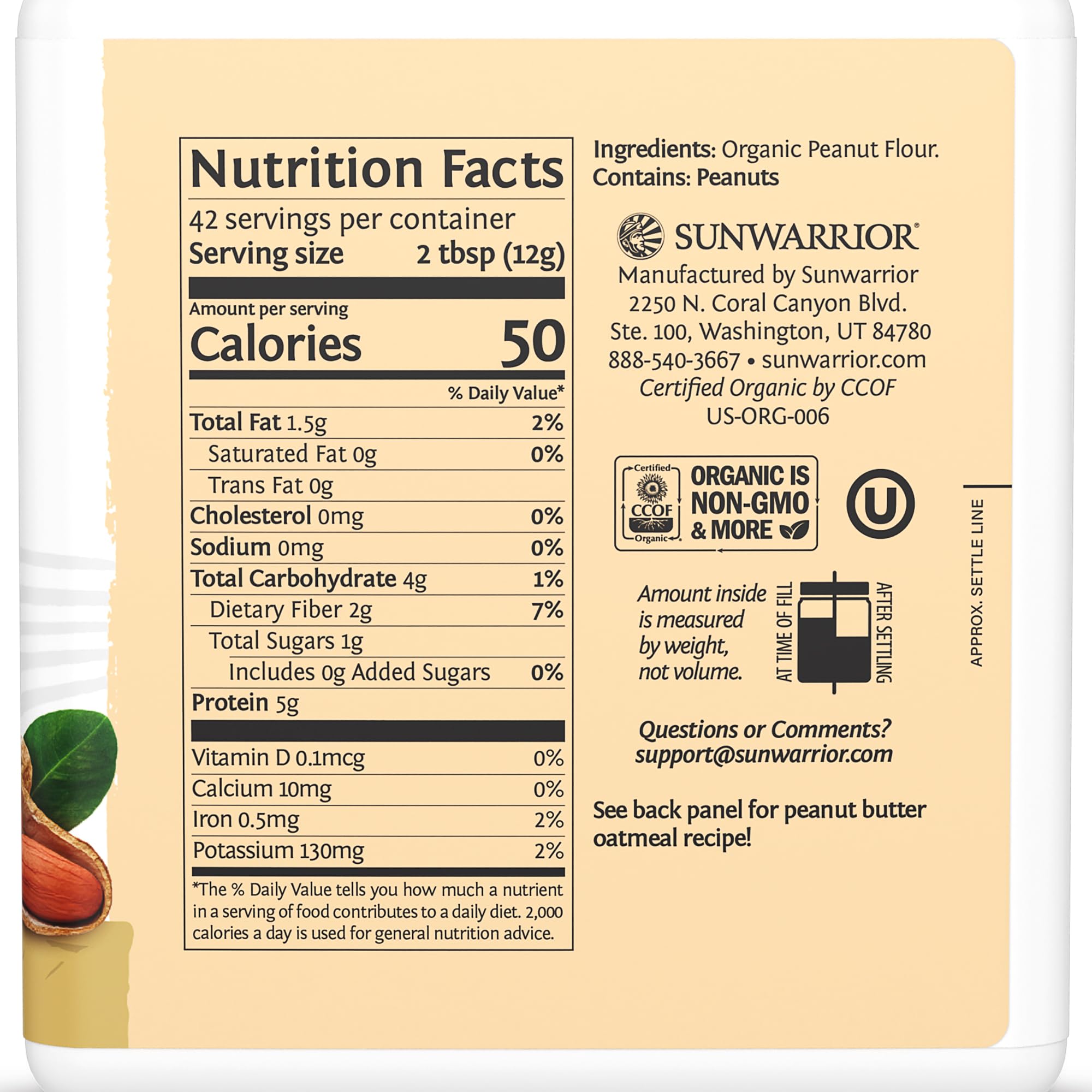 Sunwarrior peanut butter powder tub open top revealing fine peanut flour ideal for scooping