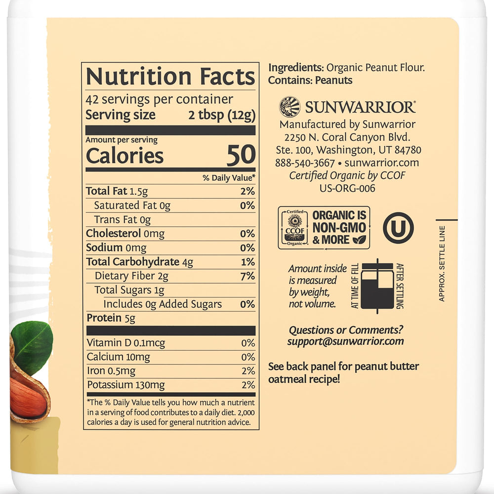 Sunwarrior peanut butter powder tub open top revealing fine peanut flour ideal for scooping