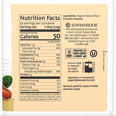 Sunwarrior peanut butter powder tub open top revealing fine peanut flour ideal for scooping