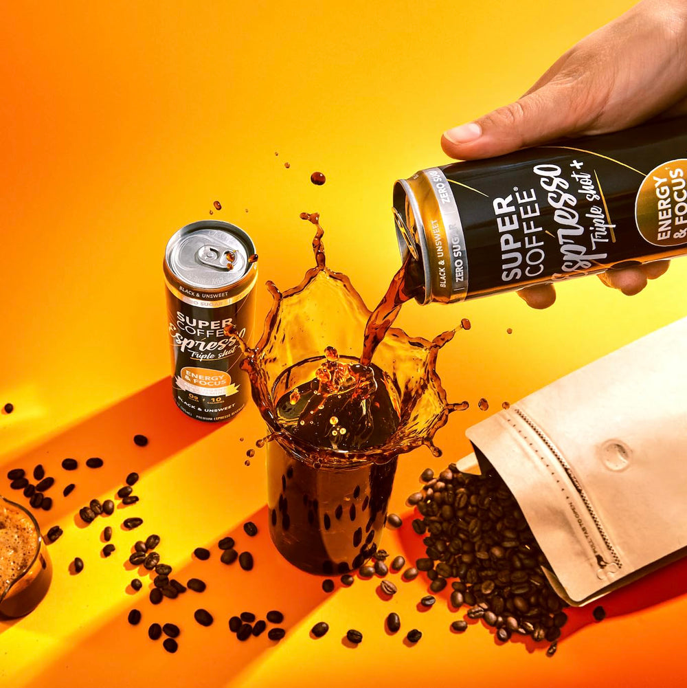 SUPER COFFEE case of 12 cans displaying bulk convenience and storage