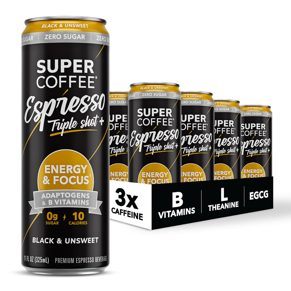 SUPER COFFEE front packaging showing bold espresso and zero sugar benefit