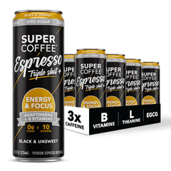 SUPER COFFEE front packaging showing bold espresso and zero sugar benefit
