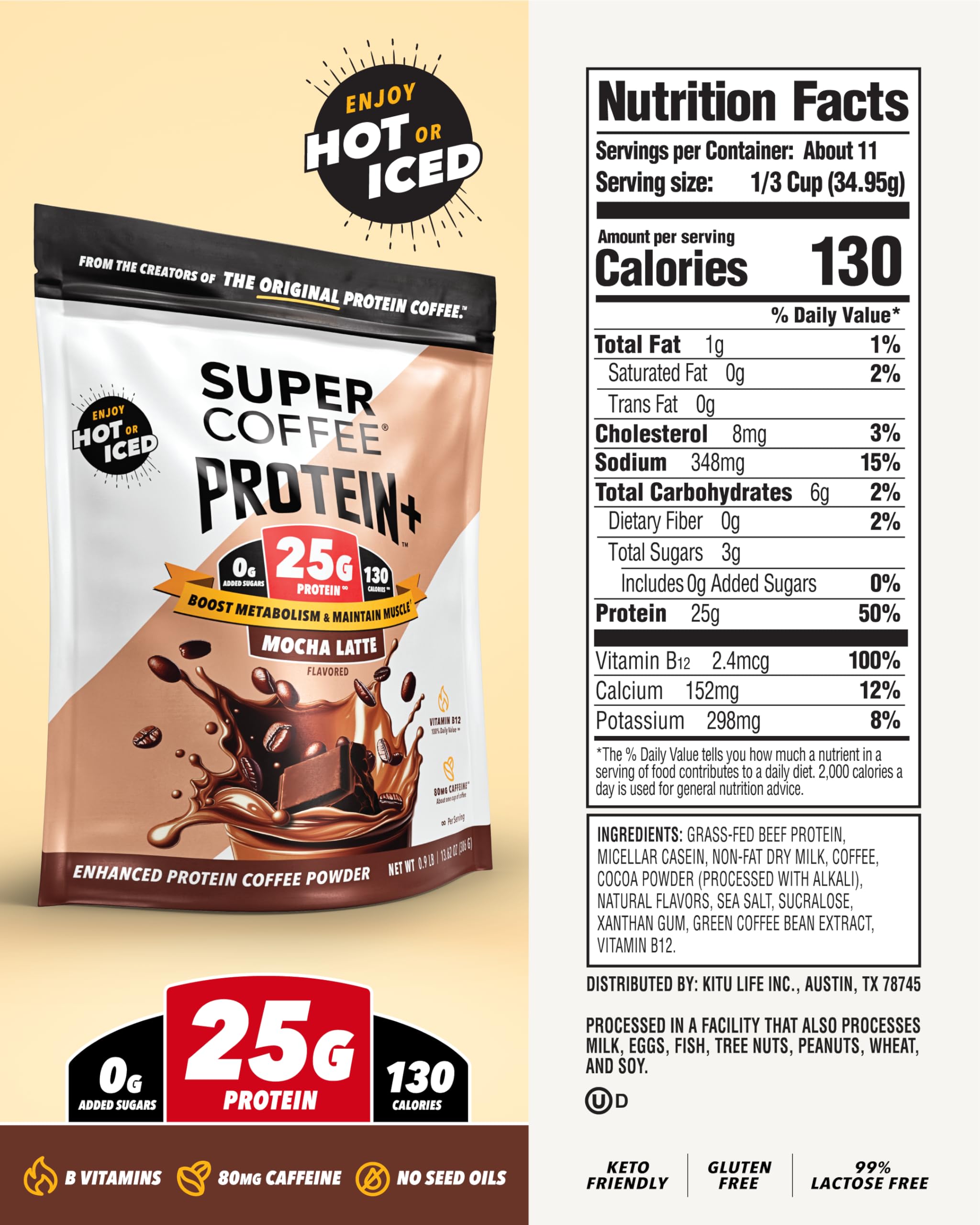 SUPER COFFEE powder close-up on spoon highlighting smooth, mixable texture