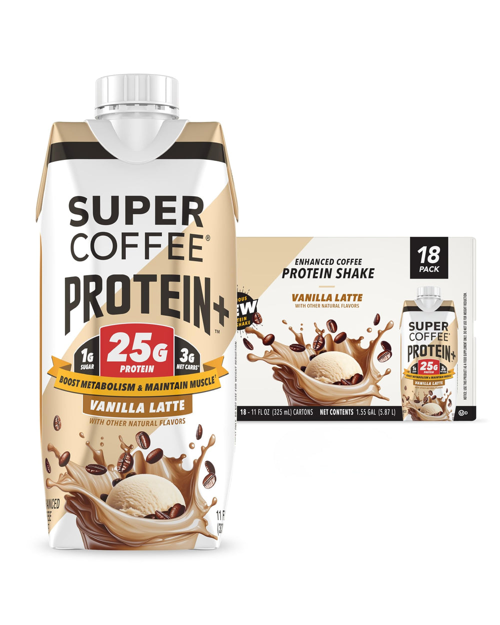 SUPER COFFEE vanilla front packaging showing can and protein benefit