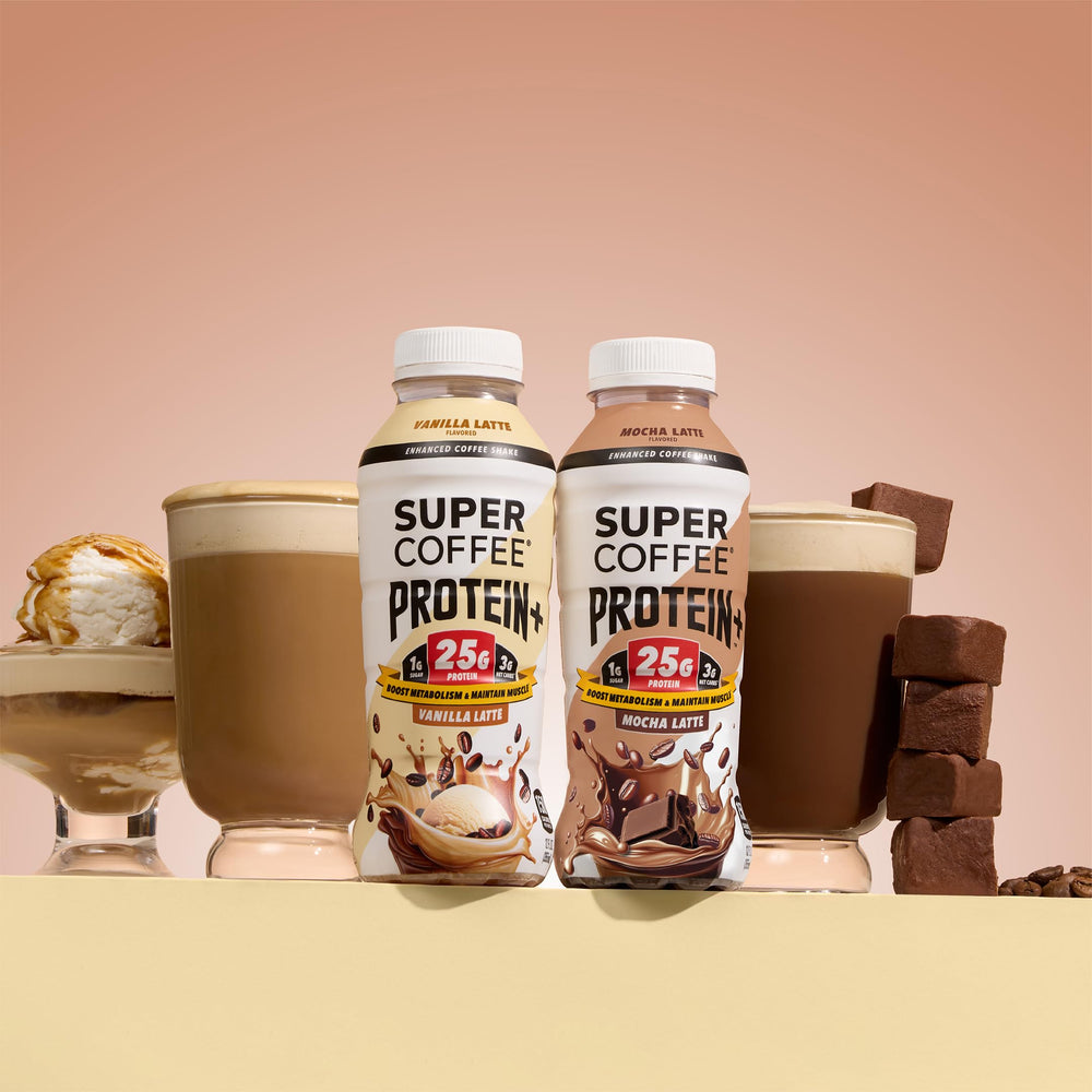 SUPER COFFEE vanilla on cafe table with laptop showing productive lifestyle fuel