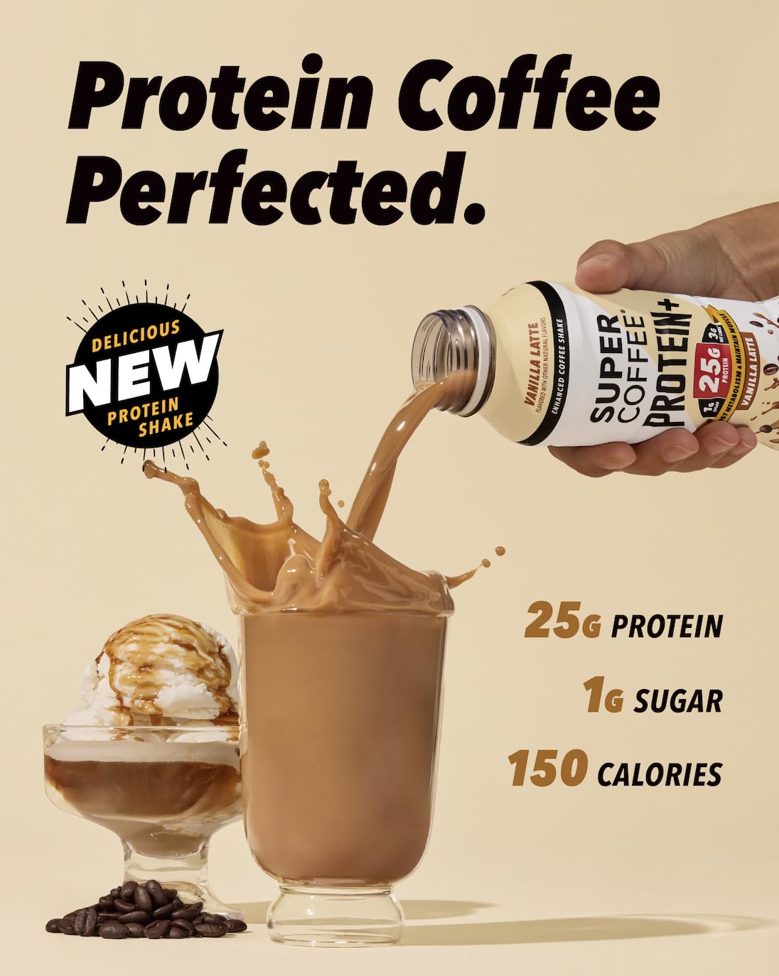 SUPER COFFEE vanilla pouring into glass illustrating creamy satisfaction