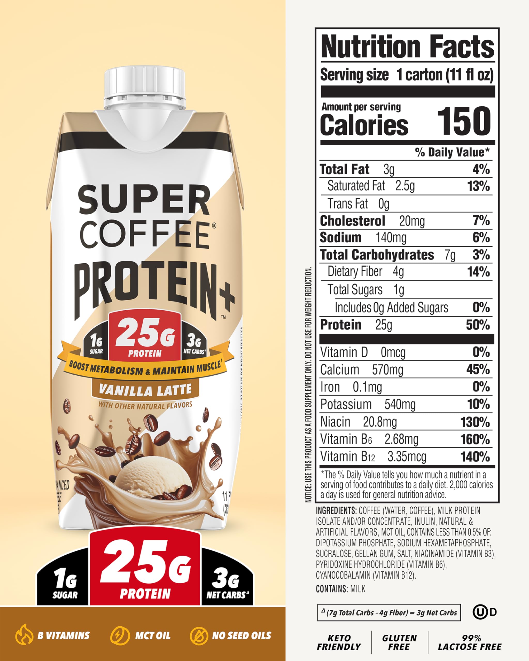 SUPER COFFEE vanilla side label with nutrition facts for informed choice