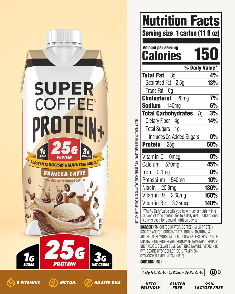 SUPER COFFEE vanilla side label with nutrition facts for informed choice