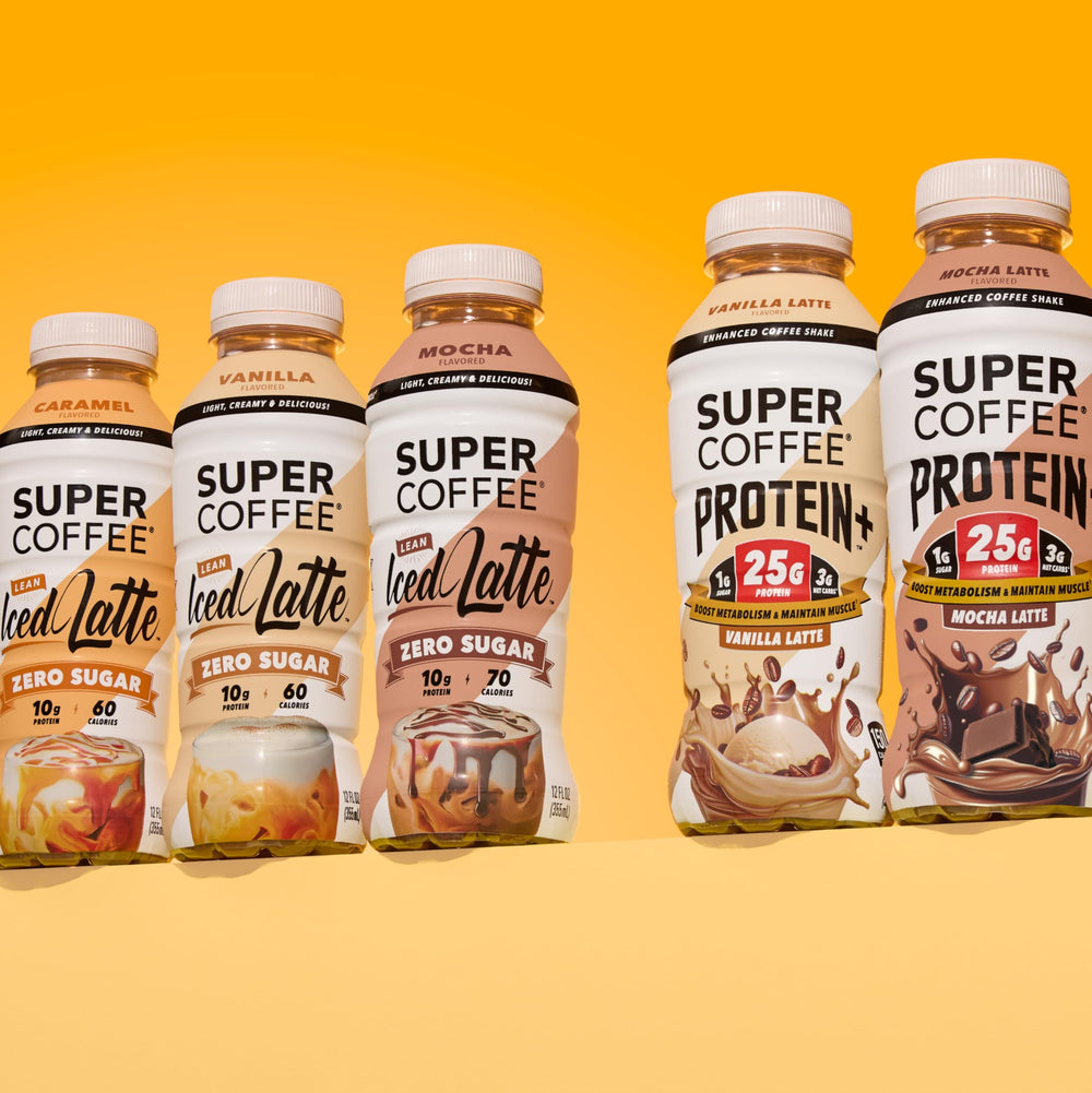 SUPER COFFEE vanilla held in hand demonstrating 11oz travel-friendly size