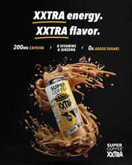 SUPER COFFEE XXTRA caramel open can with creamy foam ready to drink