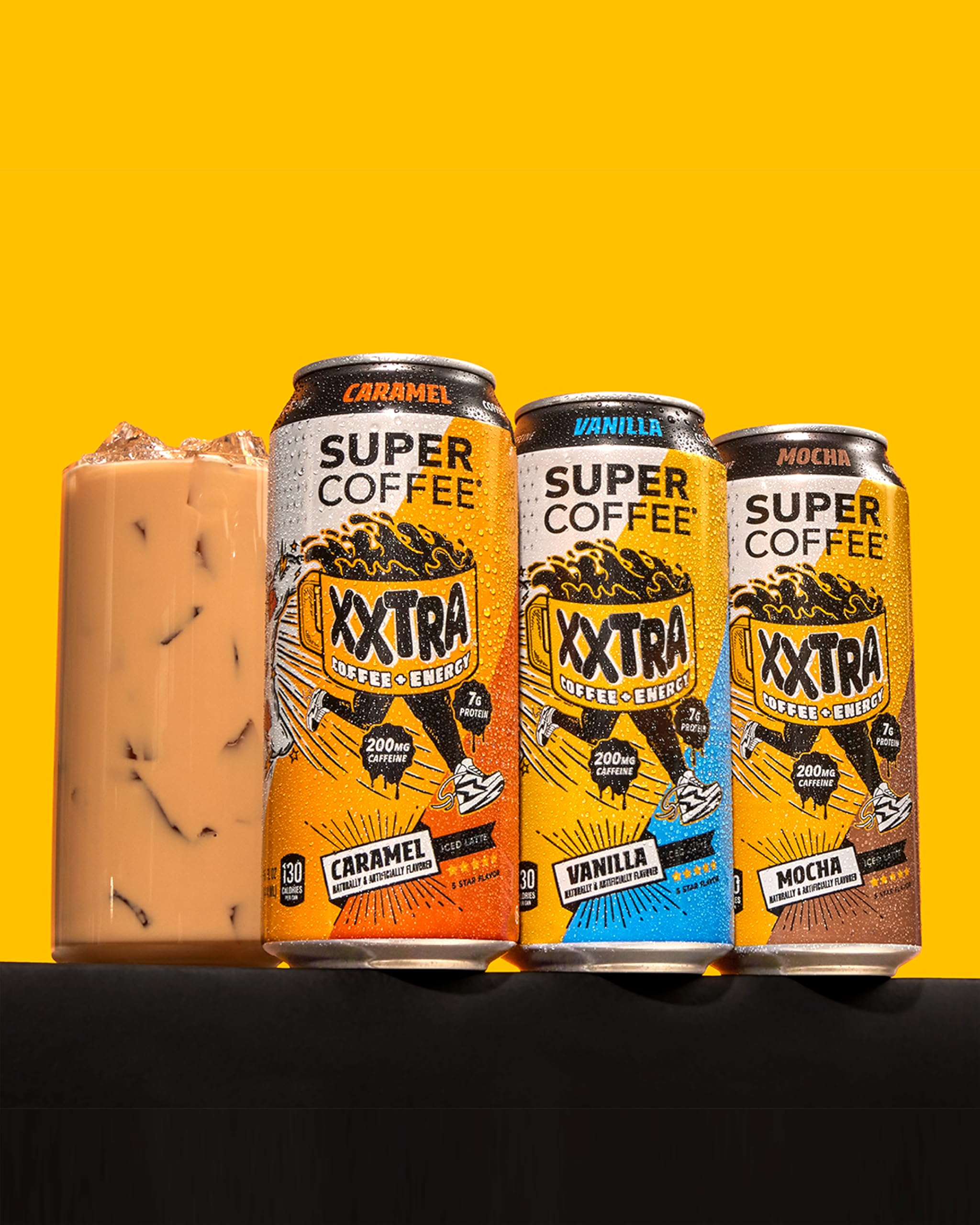 SUPER COFFEE XXTRA caramel poured over ice highlighting refreshment and portability