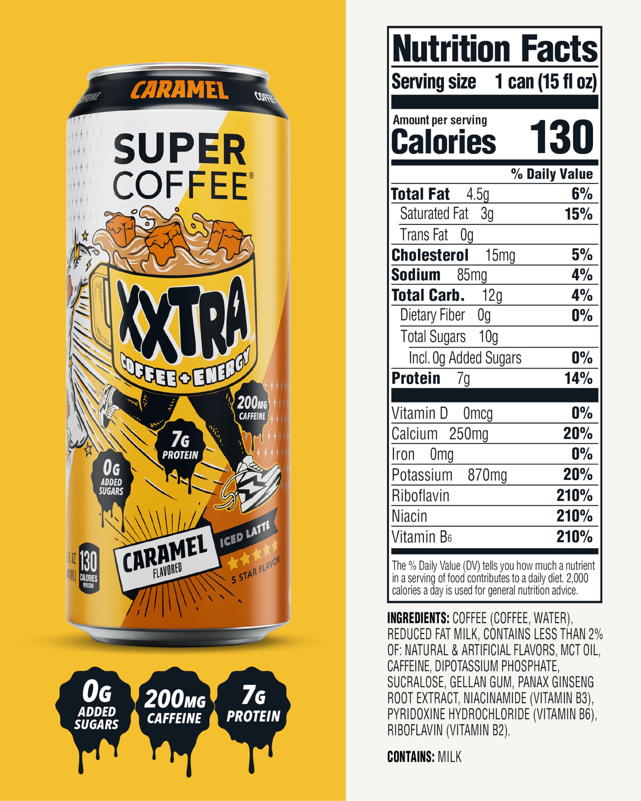 SUPER COFFEE XXTRA caramel side label with nutrition facts and protein benefits
