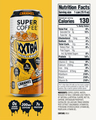 SUPER COFFEE XXTRA caramel side label with nutrition facts and protein benefits