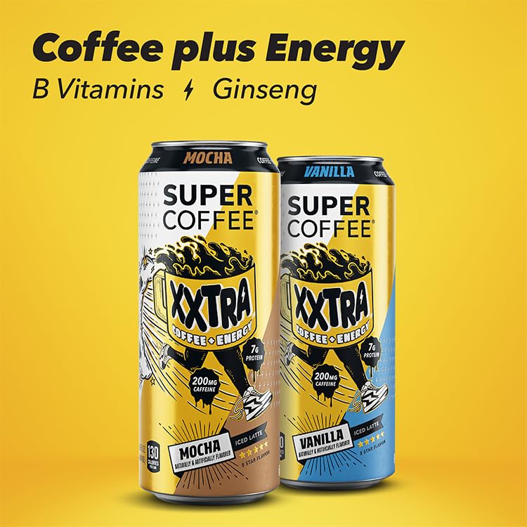 SUPER COFFEE XXTRA caramel held in hand showing 15oz size and grab-and-go convenience