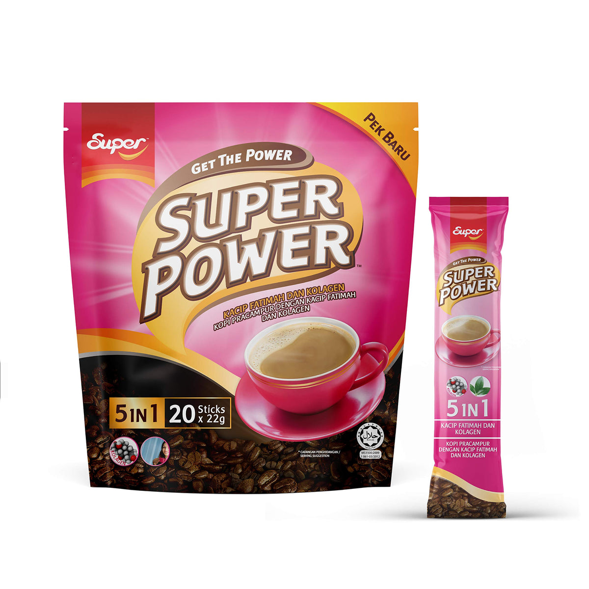 Super front packaging showing product sachet and quick mix benefit