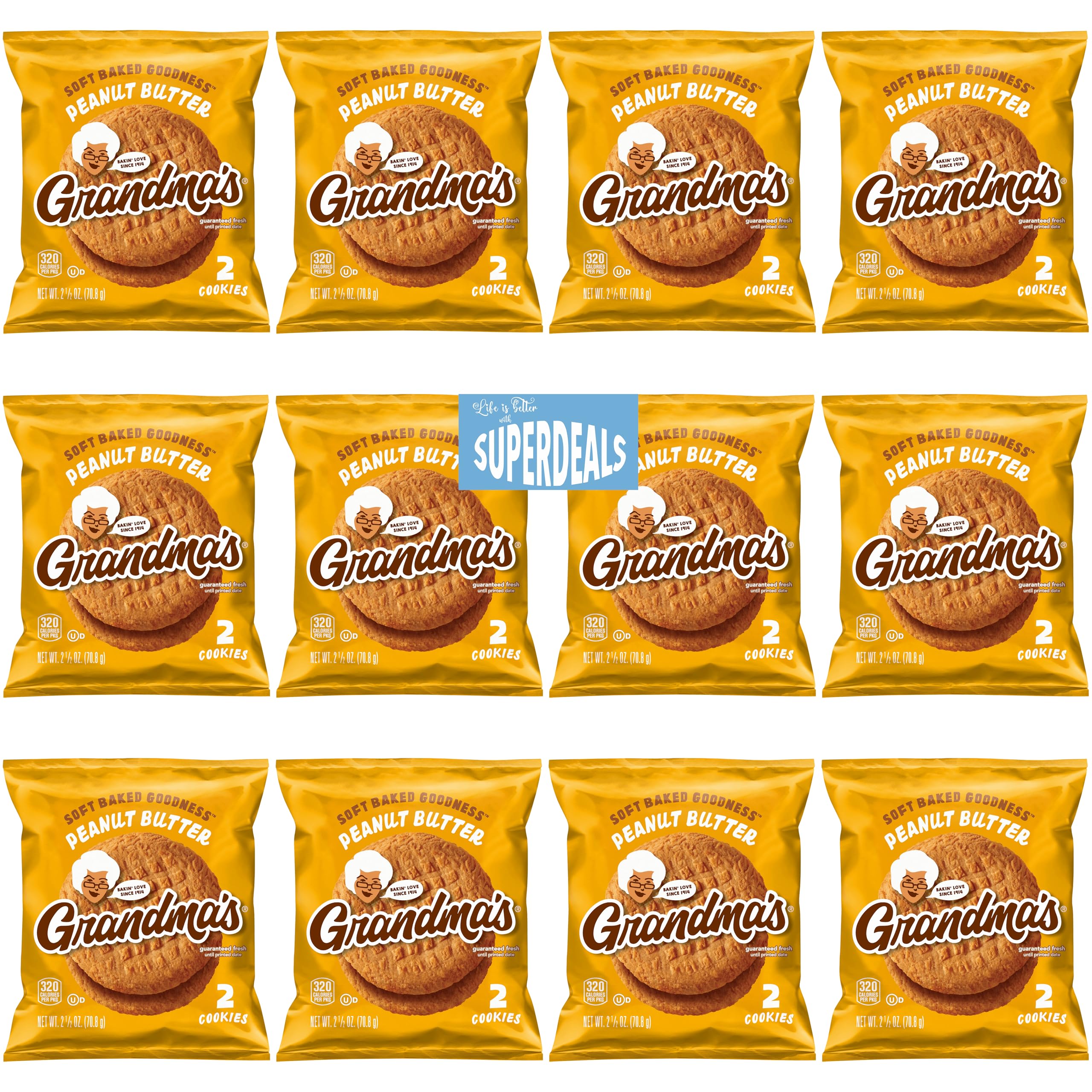 SUPERDEALS front packaging showing Grandma's Peanut Butter Cookies bundle and freshness seal