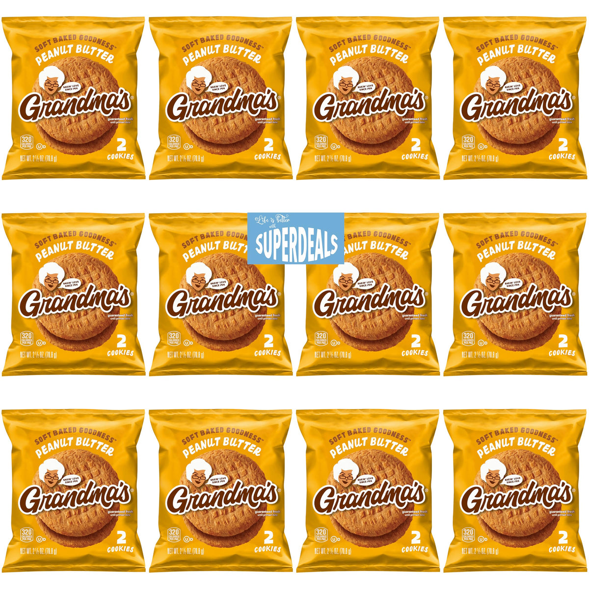 SUPERDEALS front packaging showing Grandma's Peanut Butter Cookies bundle and freshness seal
