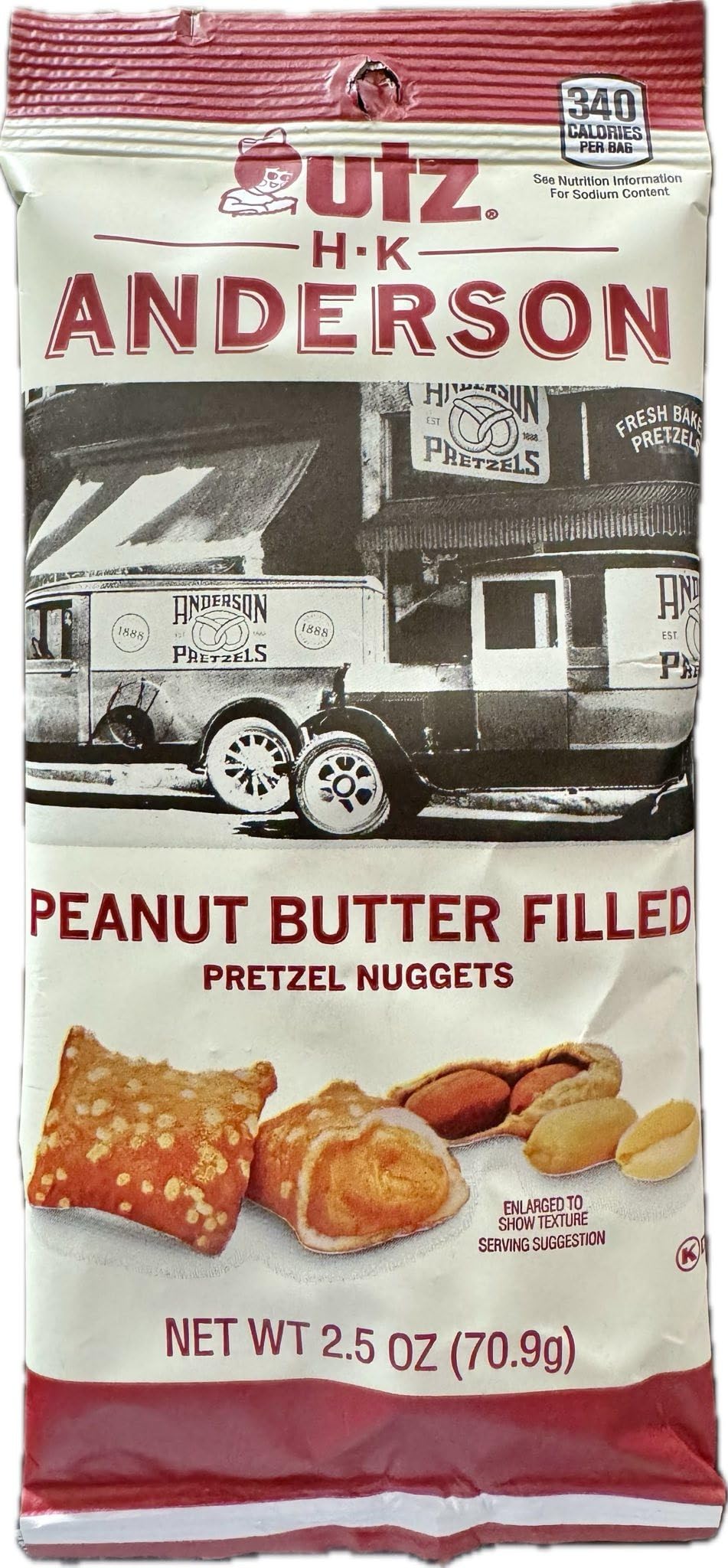 SUPERDEALS close-up of peanut butter filling inside HK Anderson pretzel, highlighting creamy texture and taste