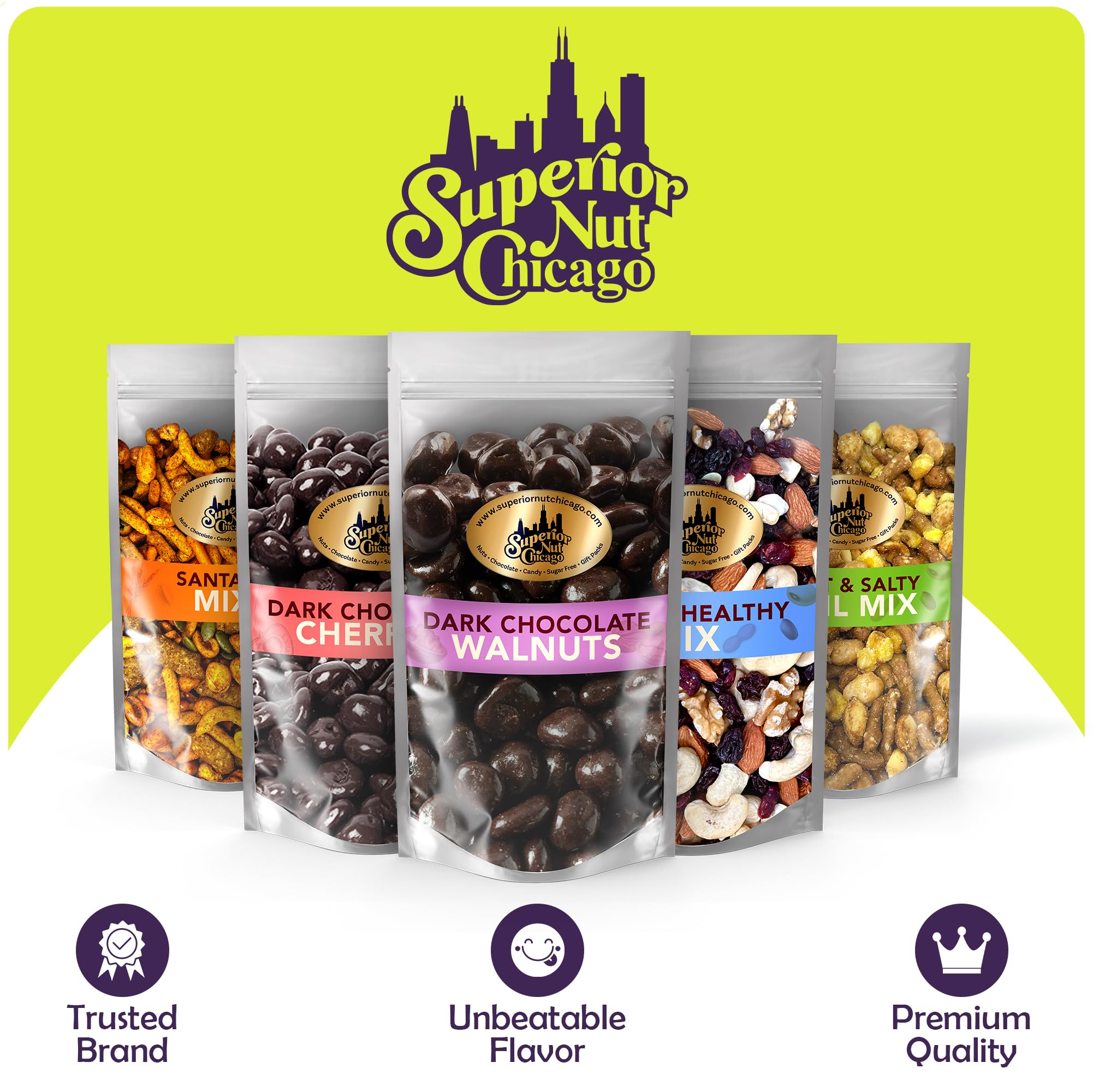 Superior Nut Chicago hand holding bag shows 1.5 lb scale for portion clarity