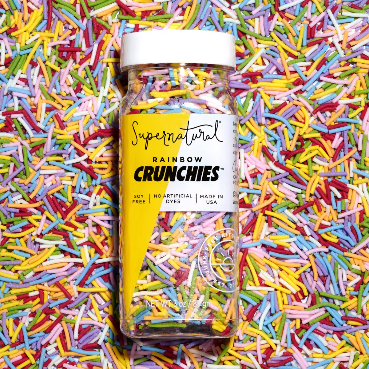 Supernatural rainbow crunchies front packaging showing jar and label, highlights clean ingredients