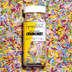 Supernatural rainbow crunchies front packaging showing jar and label, highlights clean ingredients