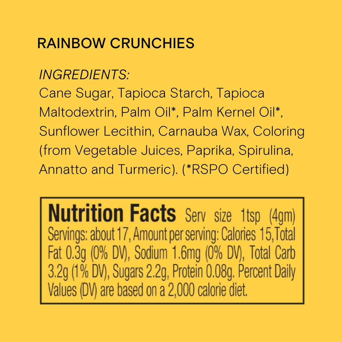 Supernatural rainbow crunchies ingredient label close-up, emphasizes dye-free and vegan benefits
