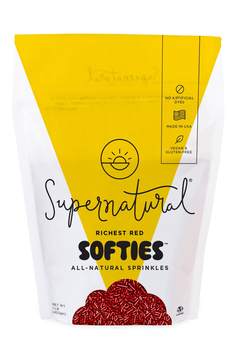 Supernatural front packaging showing 16 oz jar and bold red sprinkles, clear storage benefit