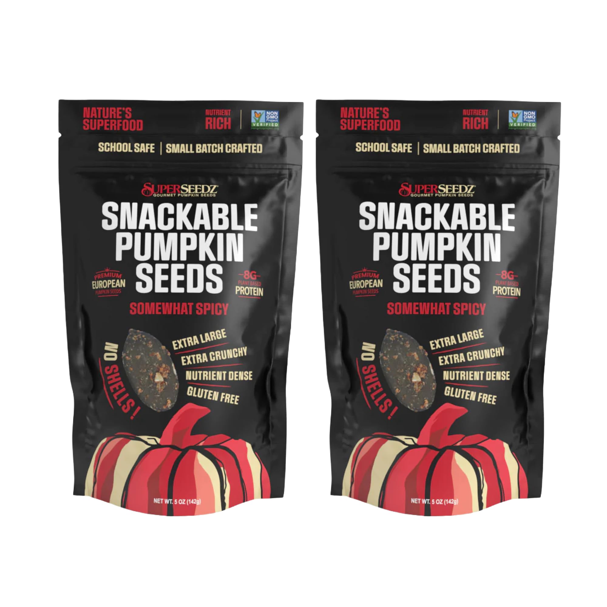 SuperSeedz front packaging showing 5oz spicy pumpkin seeds and brand